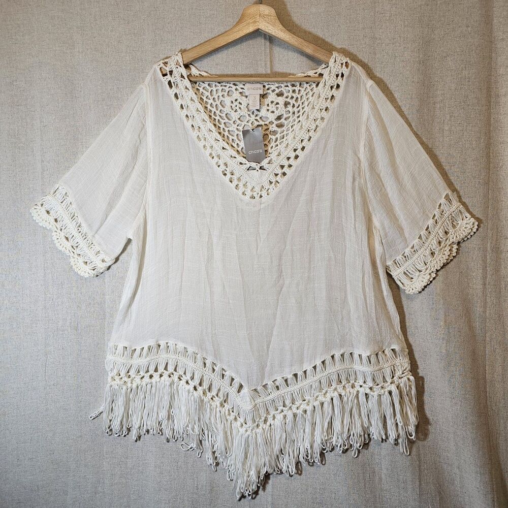 Chicos VNeck Macrame Sheer Top Blouse Women 3 XL White Fringe Boho Cottage NWT
